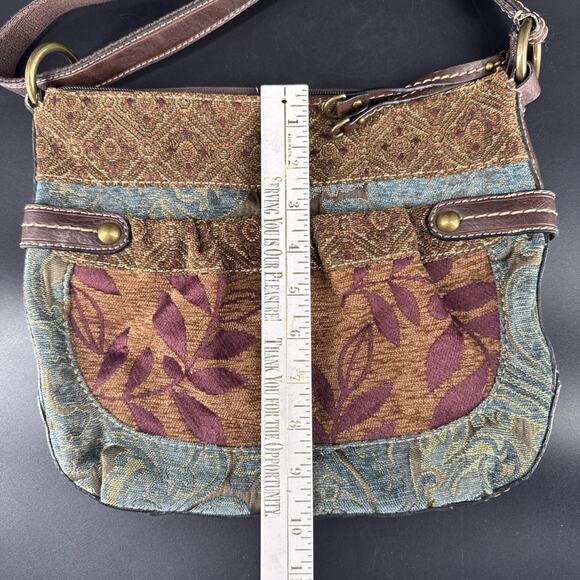 Vintage Fossil Tapestry Brown Purple & Blue Crossbody Purse Bag Leather Trim - Picture 4 of 14
